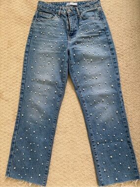 Zara Blue Pearl-Embellished Straight Leg Jeans